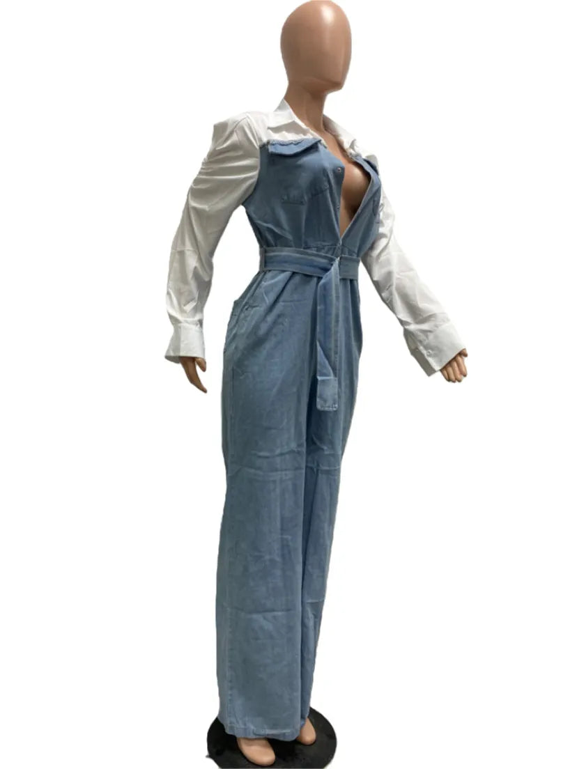 Denim Patchwork Loose Women's Jumpsuit w/ Belt