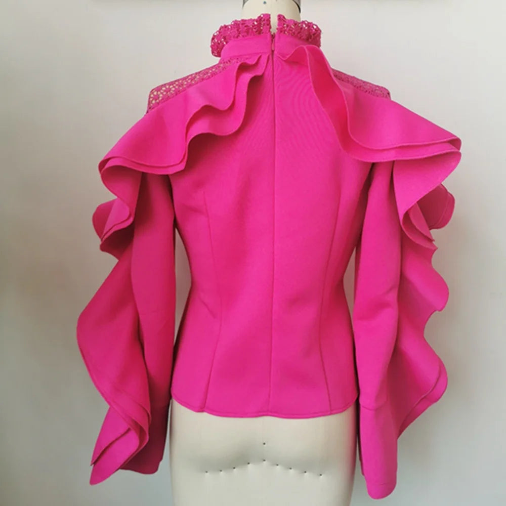 Hot Pink Ruffled Long Butterfly Sleeve Sleeve Blouse