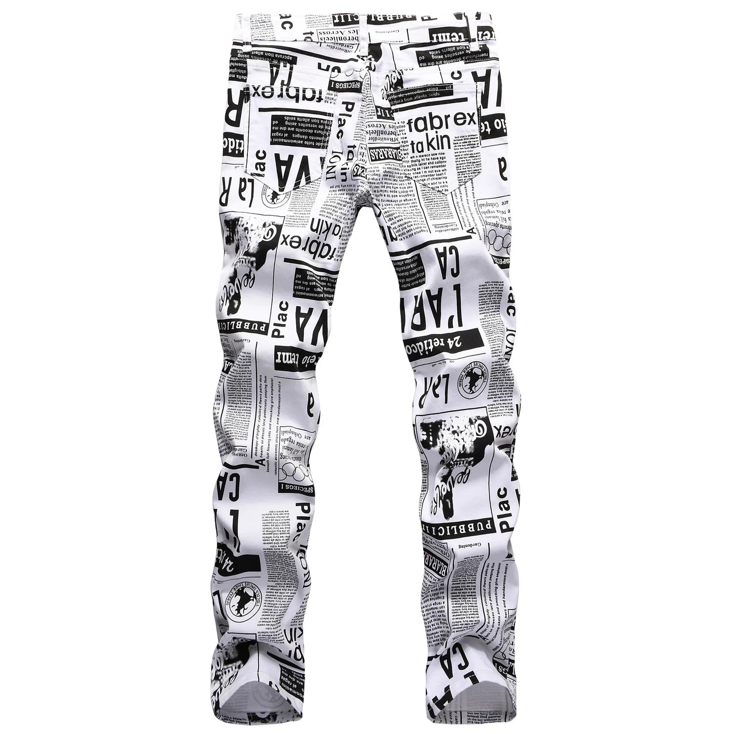 Men's Denim Black & White Newspaper Print Ruched Skinny Jeans