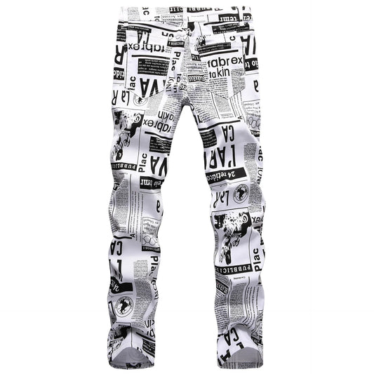 Men's Denim Black & White Newspaper Print Ruched Skinny Jeans