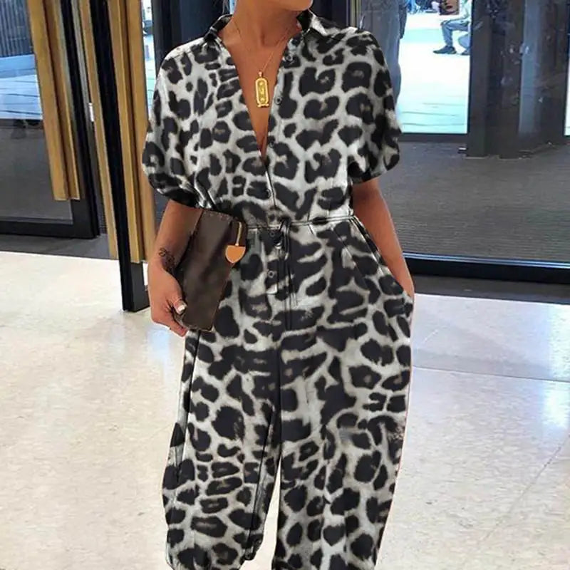 Leopard Short Sleeve Print V-Neck Turn-Down Collar Elastic Waist Jumpsuit