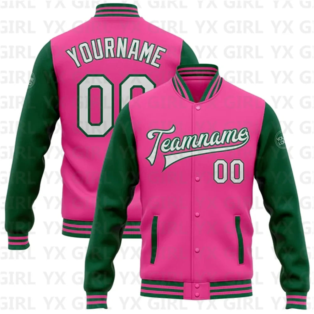 Customized Unisex Personalized Pink White-Kelly Green Letter/Team Name Print Full-Snap Varsity Letterman 2-Tone 3D Baseball Button Bomber Jacket