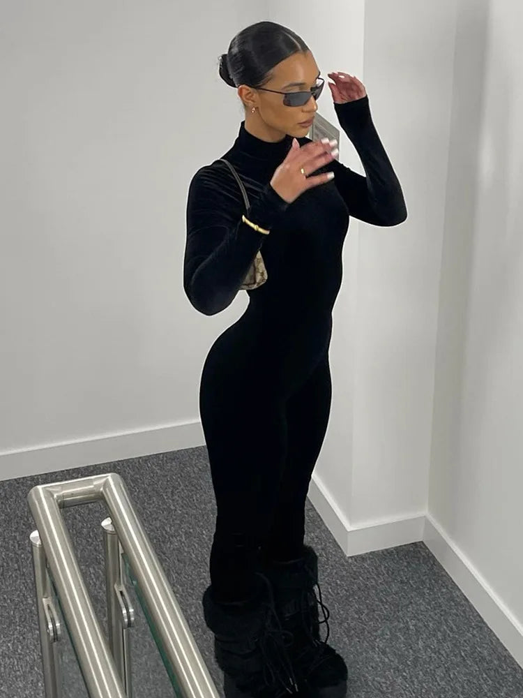 Velvet Black Turtleneck Solid Bodycon Long Sleeve Jumpsuit