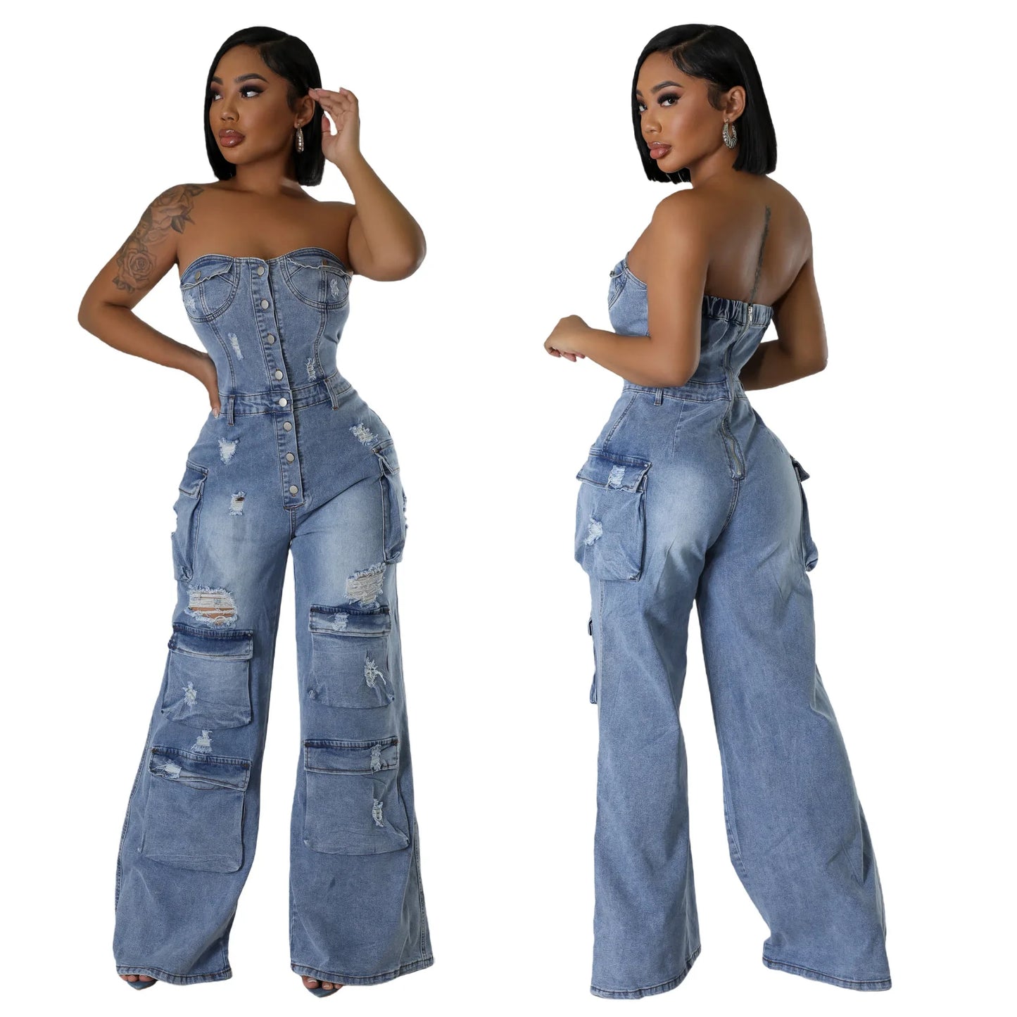 Denim Sleeveless Button-Up Tube Top Women's Ripped Hole Design Multi-Pocket Strapless Skinny Wide Leg Cargo Jean Jumpsuit