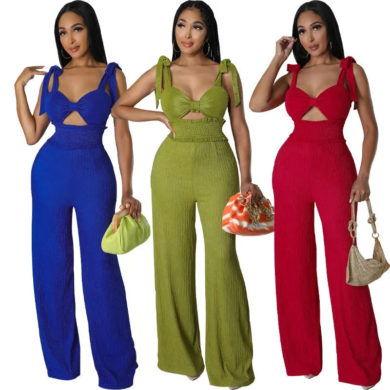 Bowknot Strap Temperament Open Back Cut-Out Pleated Solid Jumpsuit