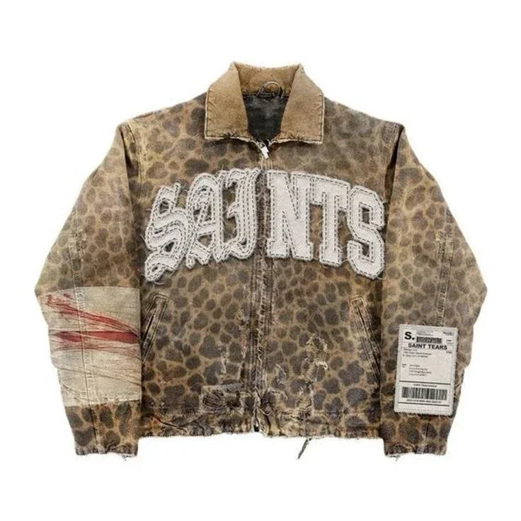 Men's Hip-Hop Leather/Denim Vintage Camo/Sequin Letter # Embroidered/ Oversized Turn-Down Collar Biker Motorcycle Jackets