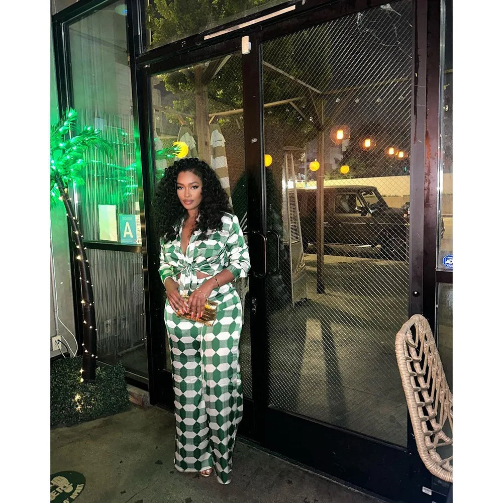 Geometric Checkered Print Women's Long Sleeve Blouse + Pants Set