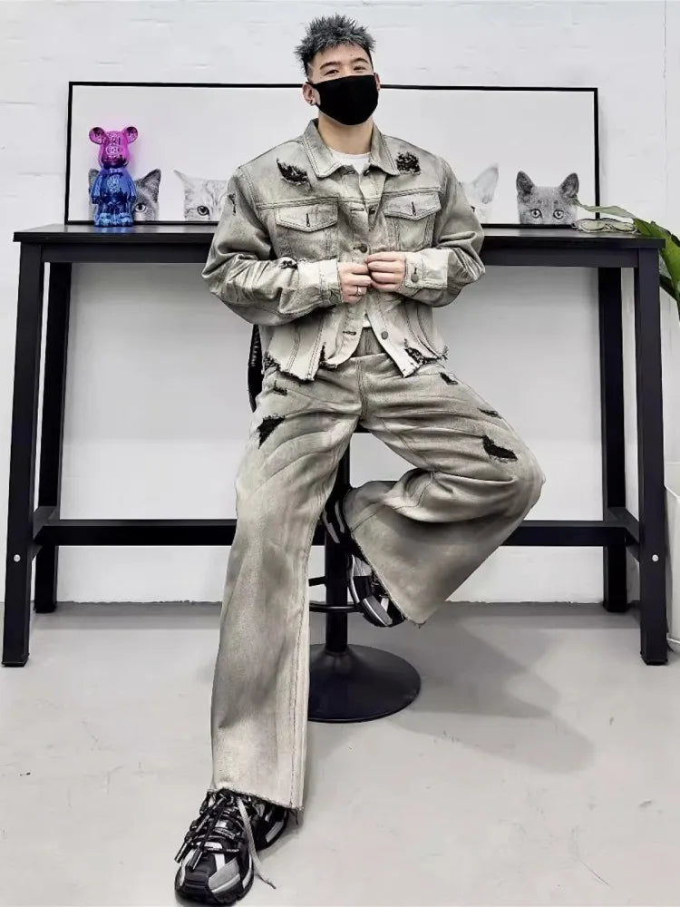 Men's Ripped Grey Gradient Washed Denim Cargo Pocketed Jean Jacket + Loose Wide Leg Jeans Matching Set