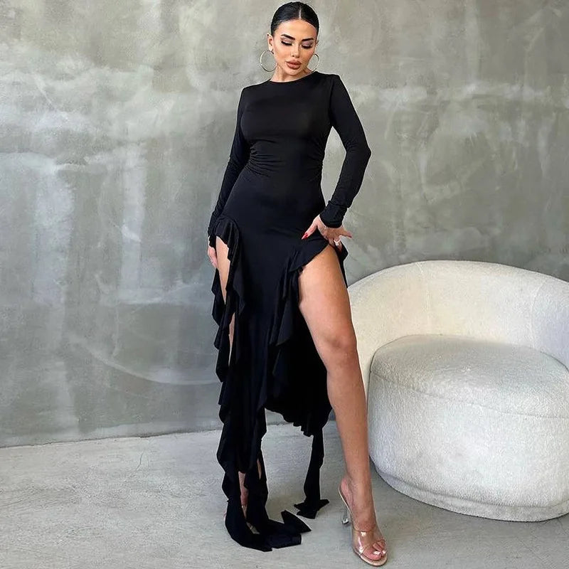 Tassel Fringe Ruffled Solid Color Long Sleeve High Slit Dress