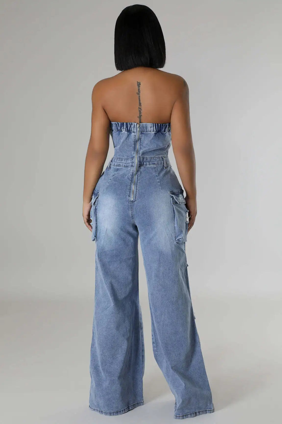 Denim Sleeveless Button-Up Tube Top Women's Ripped Hole Design Multi-Pocket Strapless Skinny Wide Leg Cargo Jean Jumpsuit