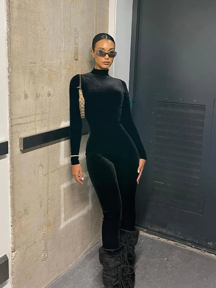 Velvet Black Turtleneck Solid Bodycon Long Sleeve Jumpsuit