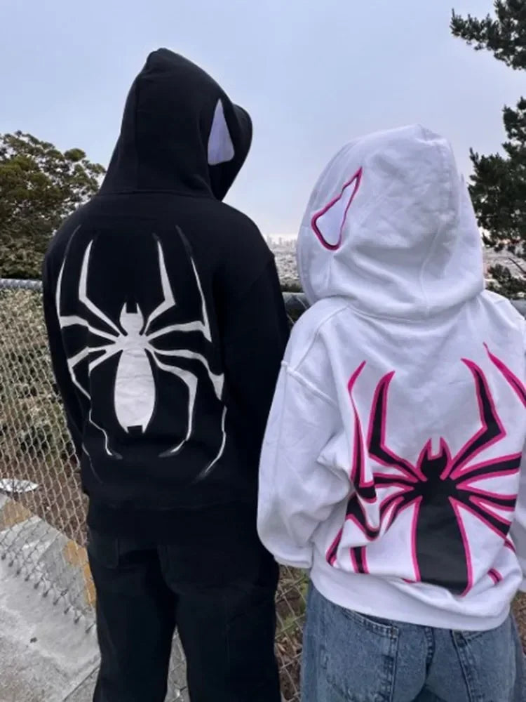 Spider Print Zipper Front Men's Harajuku Loose Hoodie Sweatshirt