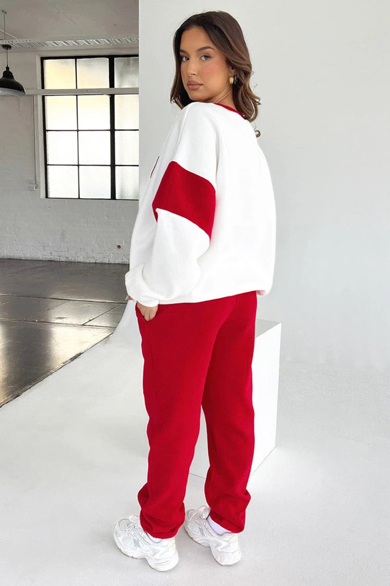 Streetwear Women's Love Heart Colorblock Sweatshirt + Fleece Sweatpants Tracksuit
