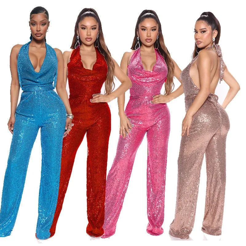 Sparkling Sequin Deep Plunge Neck Solid Sleeveless Wide Leg Jumpsuit