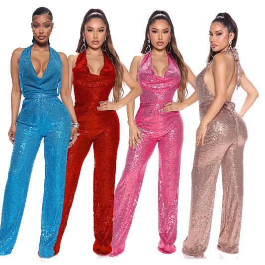 Sparkling Sequin Deep Plunge Neck Solid Sleeveless Wide Leg Jumpsuit