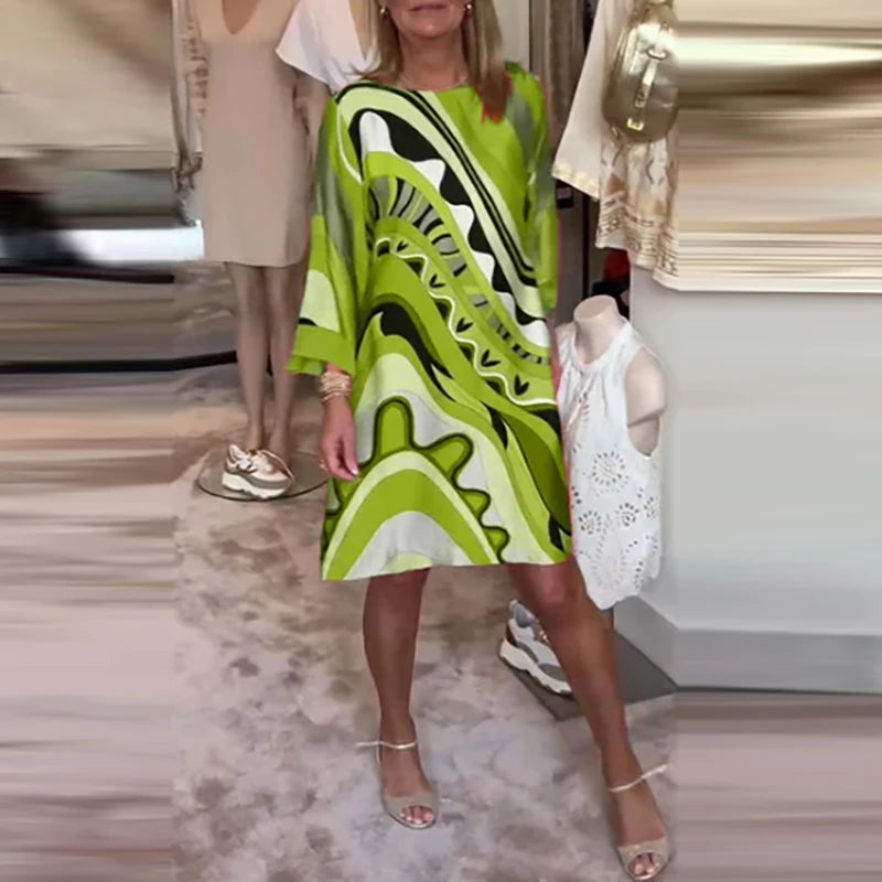 Geometric Loose O-Neck Multi-Colored Long Sleeve Mini Shirt Dress