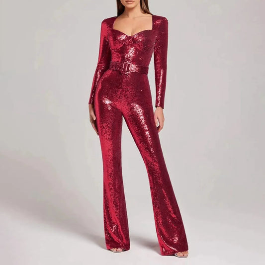 Sequined Sparkling Glitter Skinny Long Sleeve Flare Pant Ladies Formal Party Jumpsuit