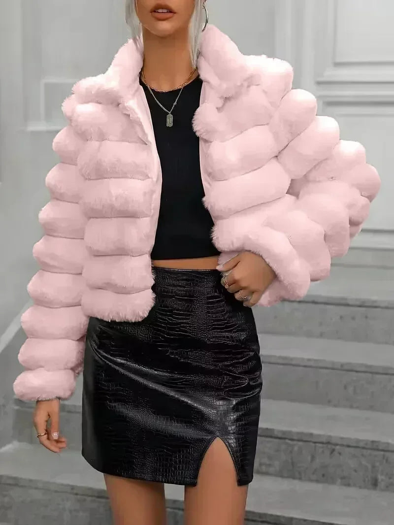 Ribbed Women's Faux Mink Fur Solid Color Turn-Down Collar Long Sleeve Jacket to 3X Plus Size