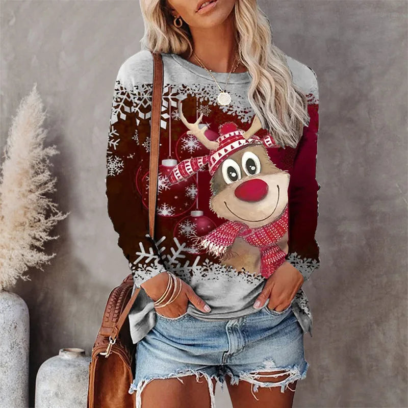 Cartoon Christmas Santa/Reindeer/Christmas Tree Graphic 3D Printed Women's Long Sleeve Pullover Round-Neck Christmas T-Shirts