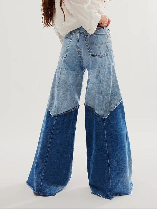 Colorblock Patchwork Denim Flared Bell Bottom Wide Leg Women's Jeans to 4X