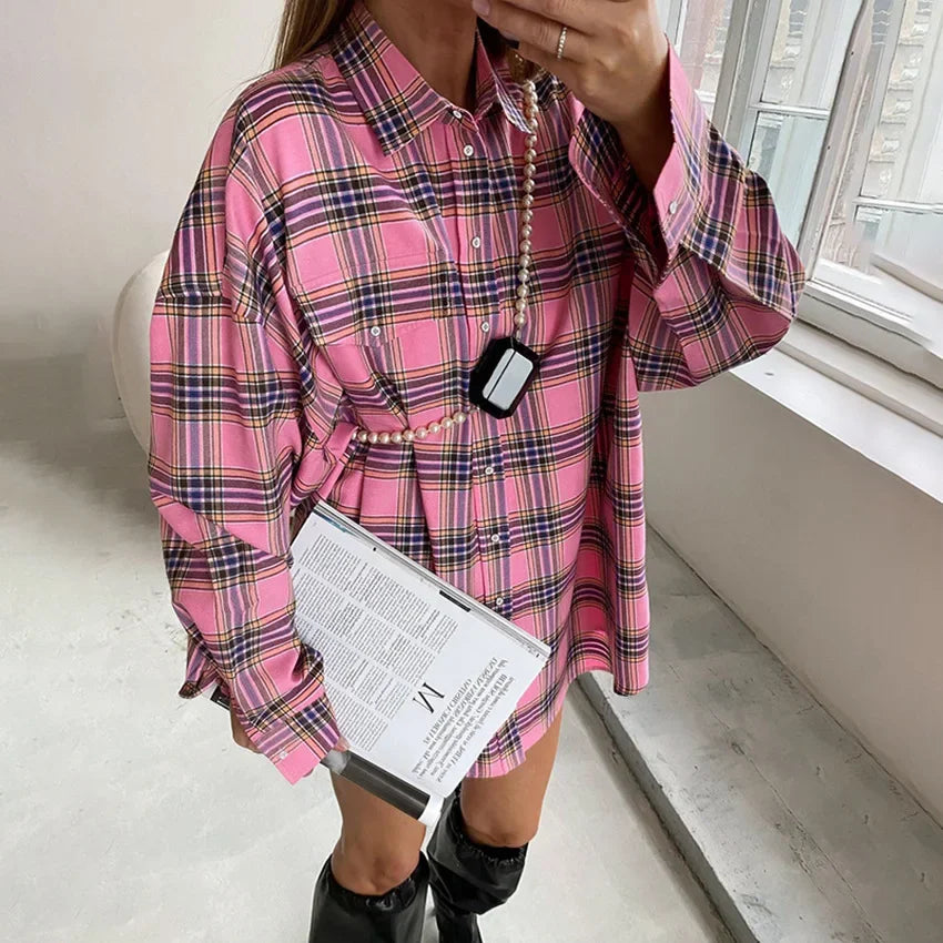 Pink Plaid Women's Streetwear Turn-Down Collar Long Sleeve Single-Breasted Oversized Blouse