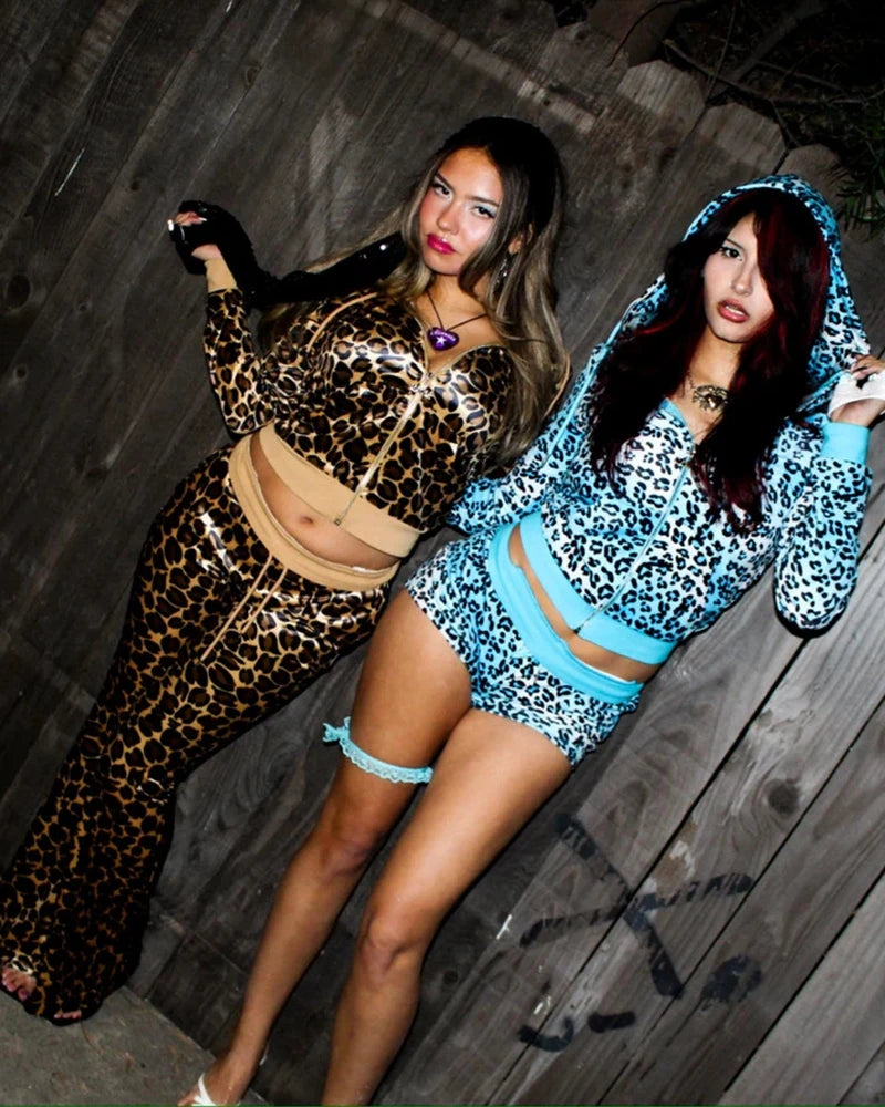 Shiny Leopard Print Women's Zipper Hoodie Sports Jacket + Shorts/Jogger Sweatpants Tracksuit