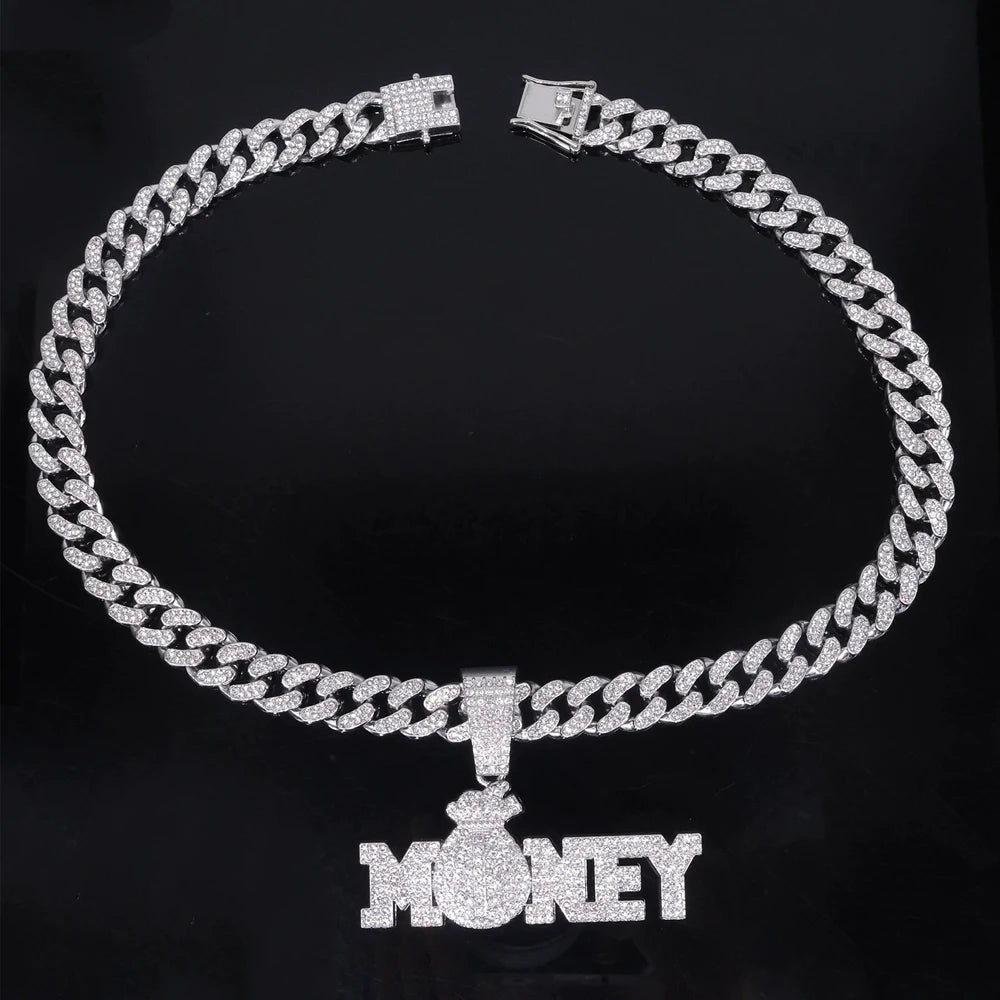 "Money" Iced Out Bling Rhinestone Chain Money Bag Dollar Sign Chain Necklace