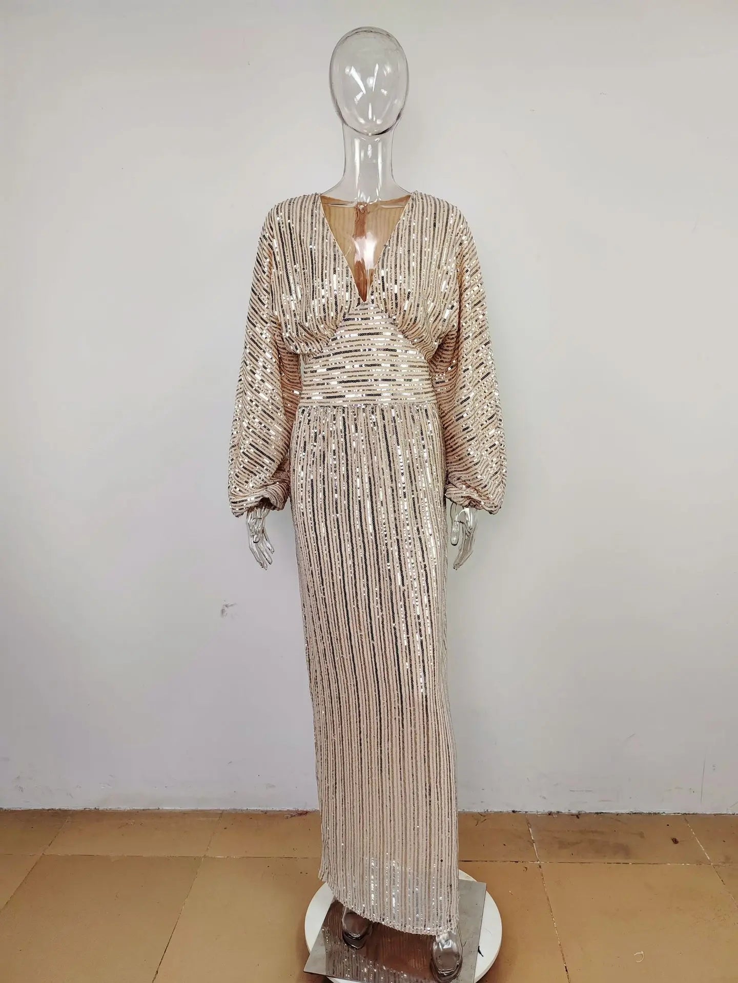 Sequined Glitter Shiny Long Sleeve Deep V-Neck Formal Maxi Dress