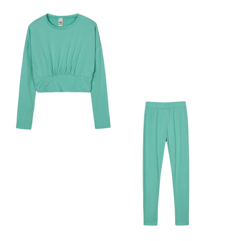 Ruched Fitted O-Neck Solid Color Women's Long Sleeve Crop Top + Leggings Tracksuit