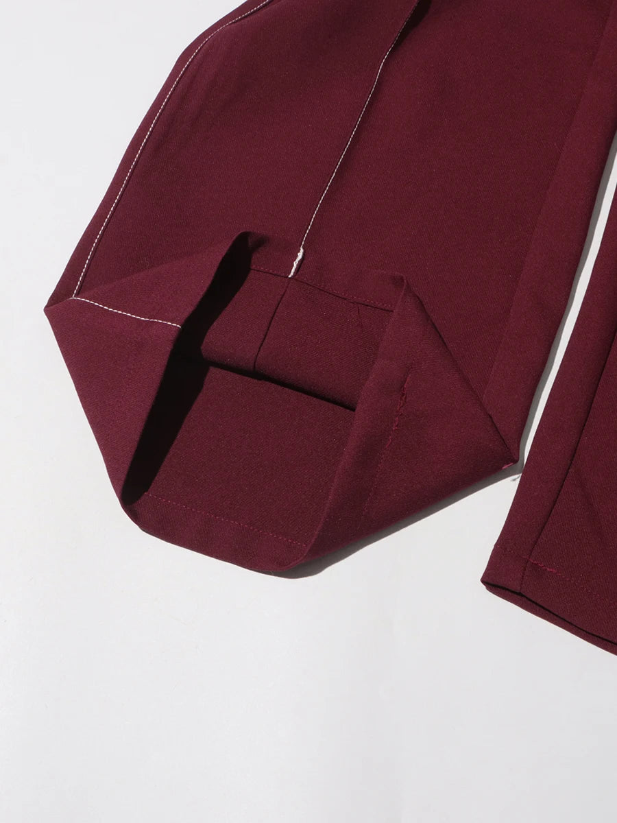Burgundy Irregular Notched Collar Double Strap Design Blazer Jacket + High Waist Straight Pants Women's Formal Suit