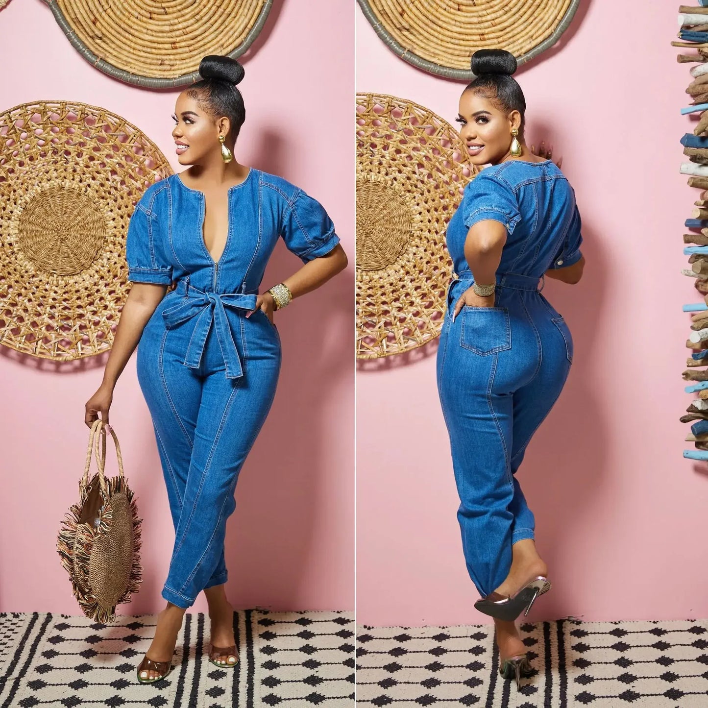 Blue Denim V-Neck Short Sleeve Solid Color Elastic Waist Pocketed Sash Belted Jumpsuit