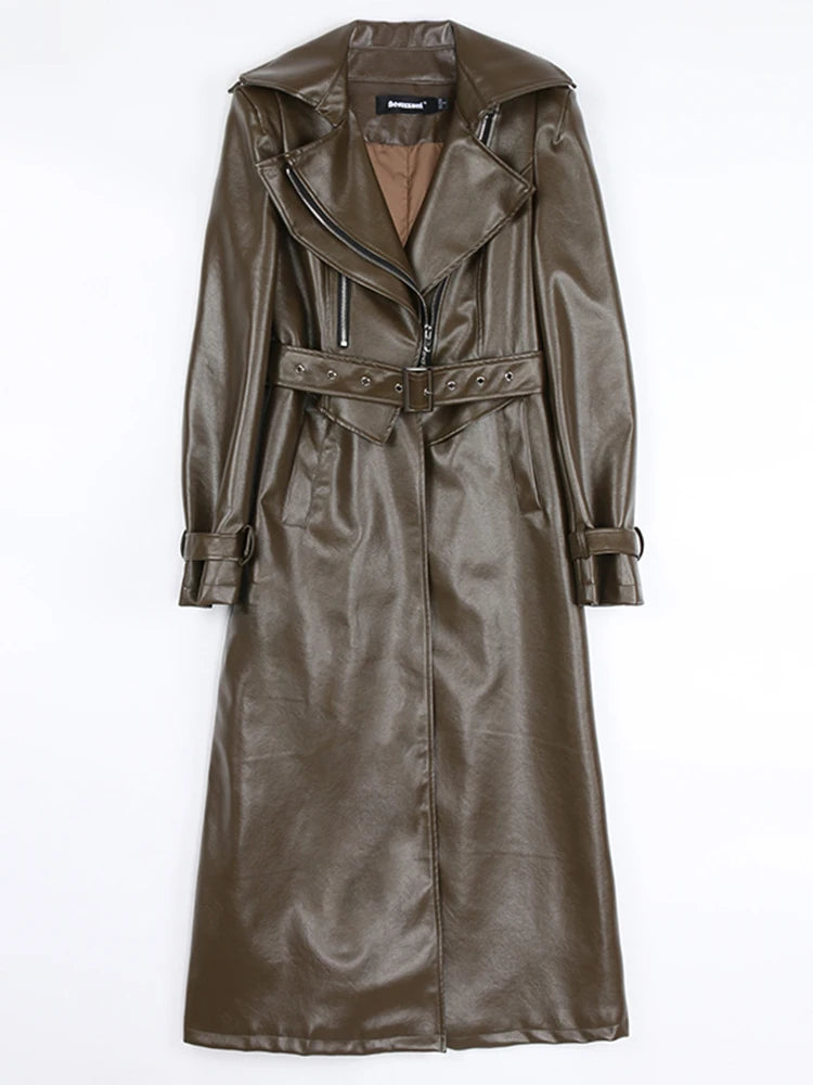 Solid PU Leather Women's Plus Size Turn-Down Collar Trenchcoat w/ Buckle Sash Belt to 7X Plus