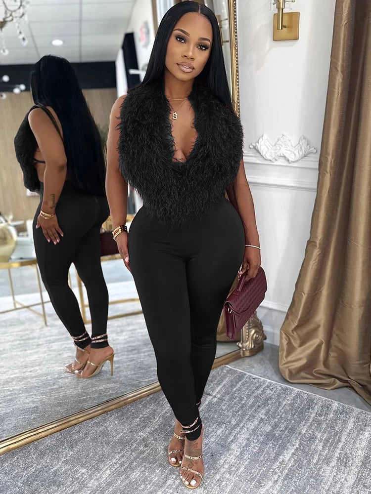 Sleeveless Faux Fur Tassel Lace-Up Halter Women's V-Neck Backless Vest + Elastic Leggings 2-Piece Set