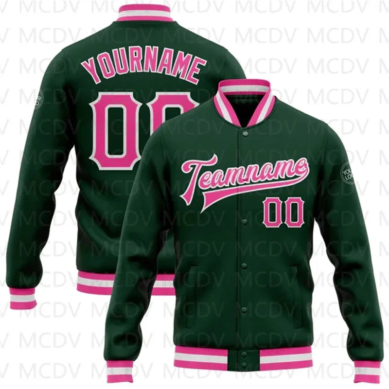 Customized Green Pink-White 3D Name  Letter Print Full-Snap Varsity Letterman Baseball Bomber Jacket