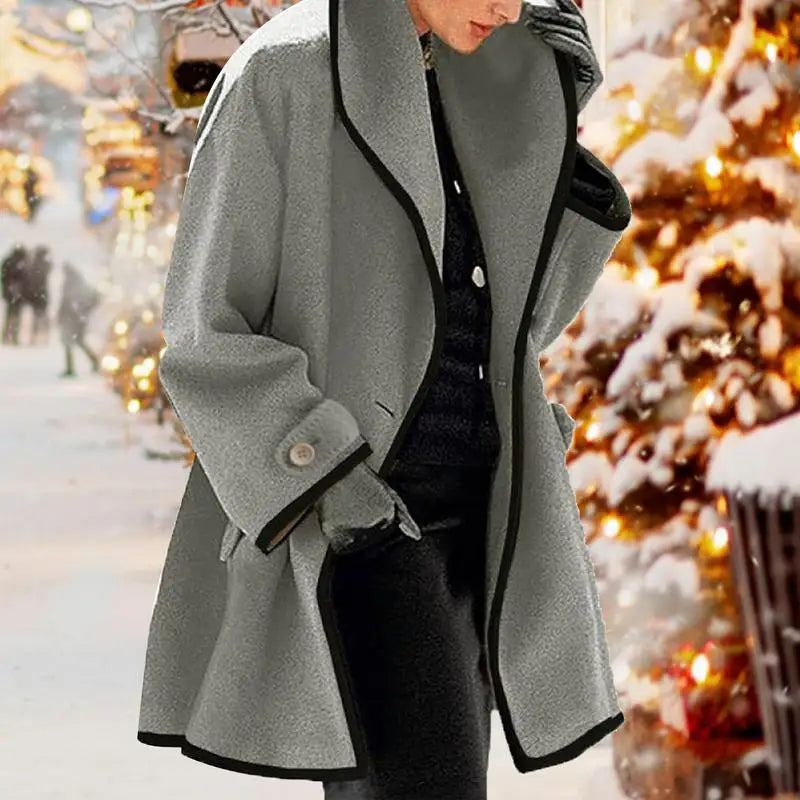 Hooded Wool Colorblock Long Sleeve Ladies Coat