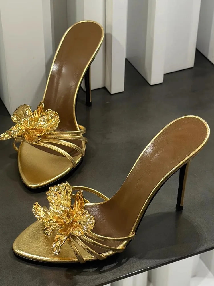 Metal Flower Decor Fashion Women's Stiletto High Heel Slip-On Sandal Pumps