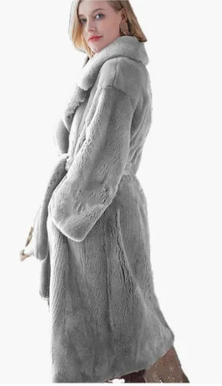 Plush Faux Fur Turn-Down Collar Solid Color Women's Loose Trenchcoat w/ Sash Belt to 5X Plus Size