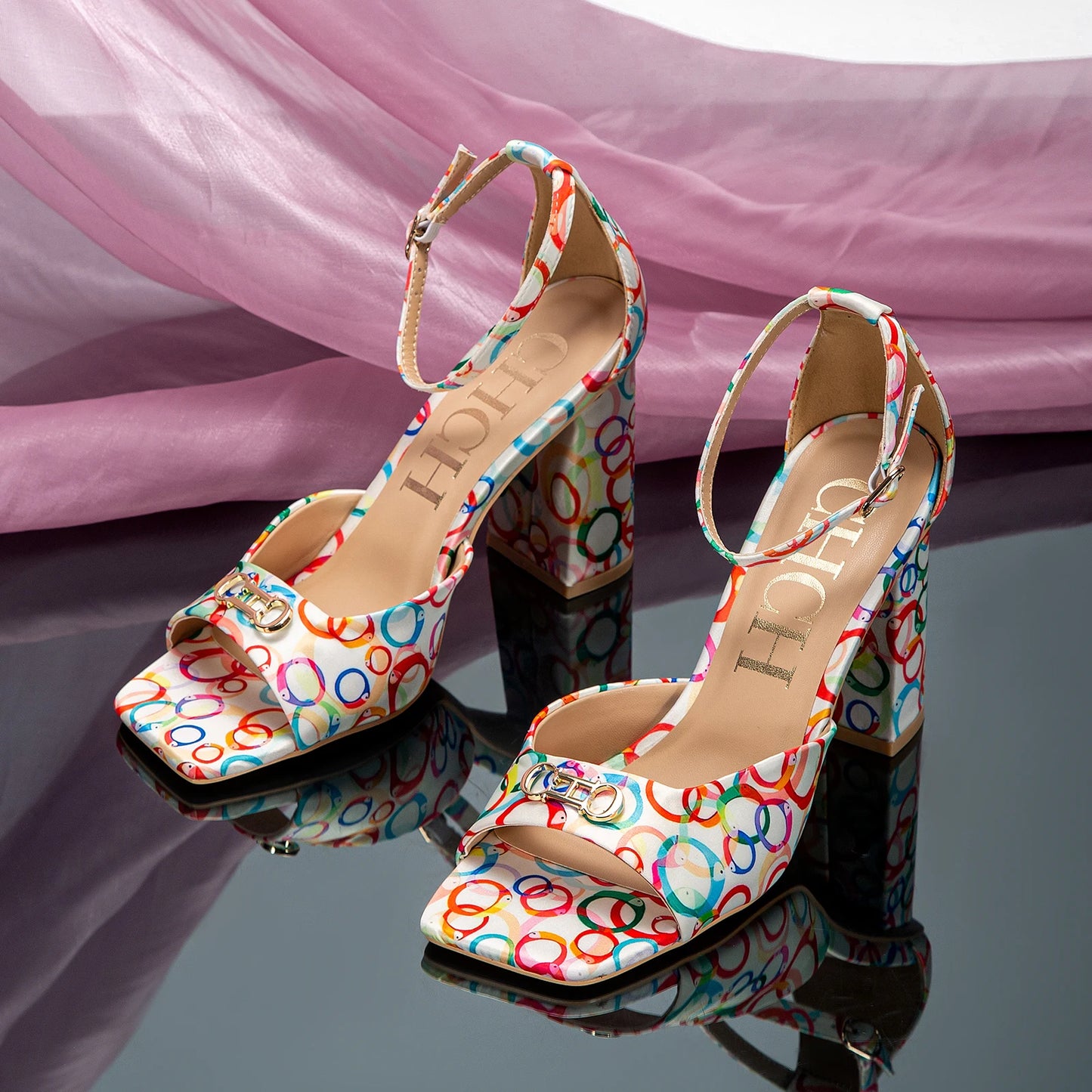 Monogram/Solid Pattern Open Square Toe Design Women's Platform Heel Sandals