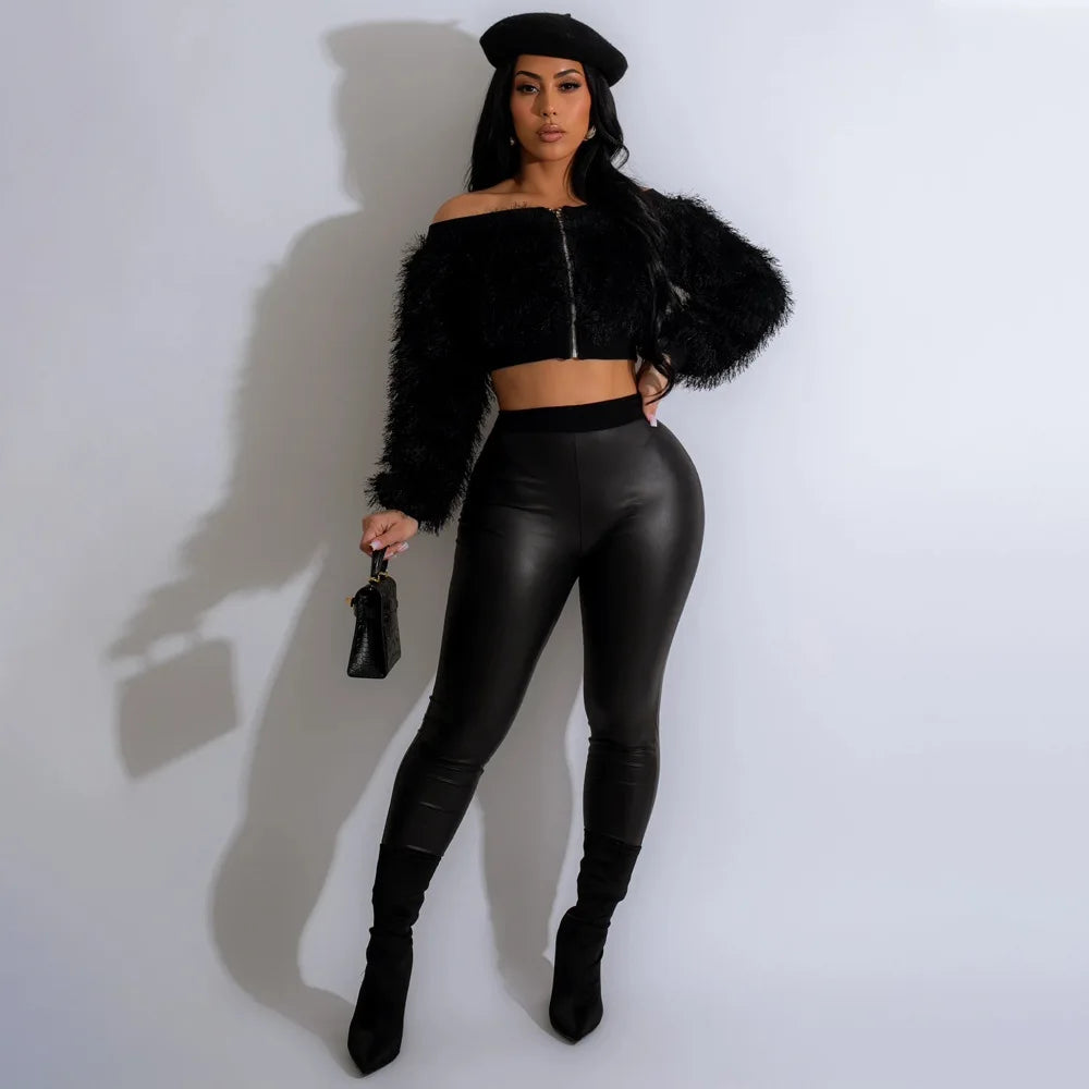 Slash Neck Furry Crop Top + Metallic Faux Leather Leggings 2-Piece Set