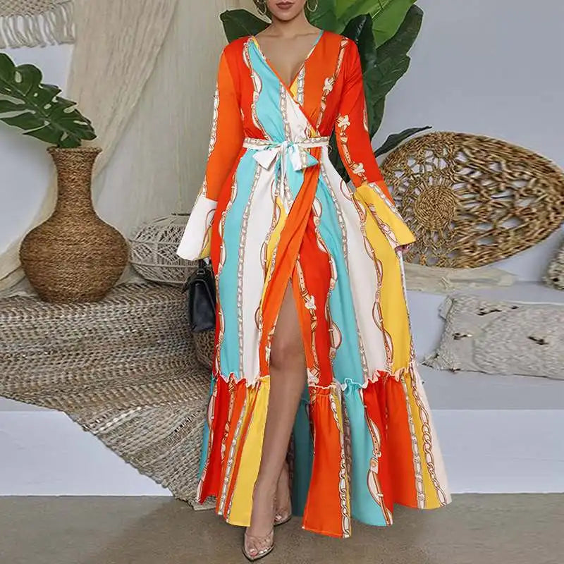 Bohemian Colorblock Striped Printed Long Sleeve Ruffled Belted High Slit Maxi Dress to 5X Plus Size