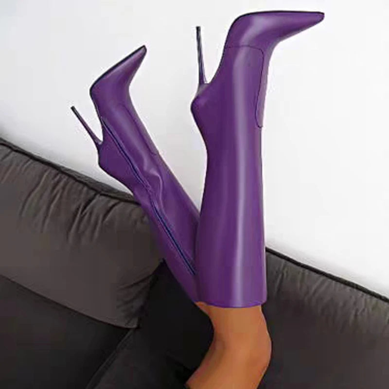 Patent Leather Solid Color Women's Skinny Pointed Toe Side Zipper Stiletto Heel Knee-High Boots