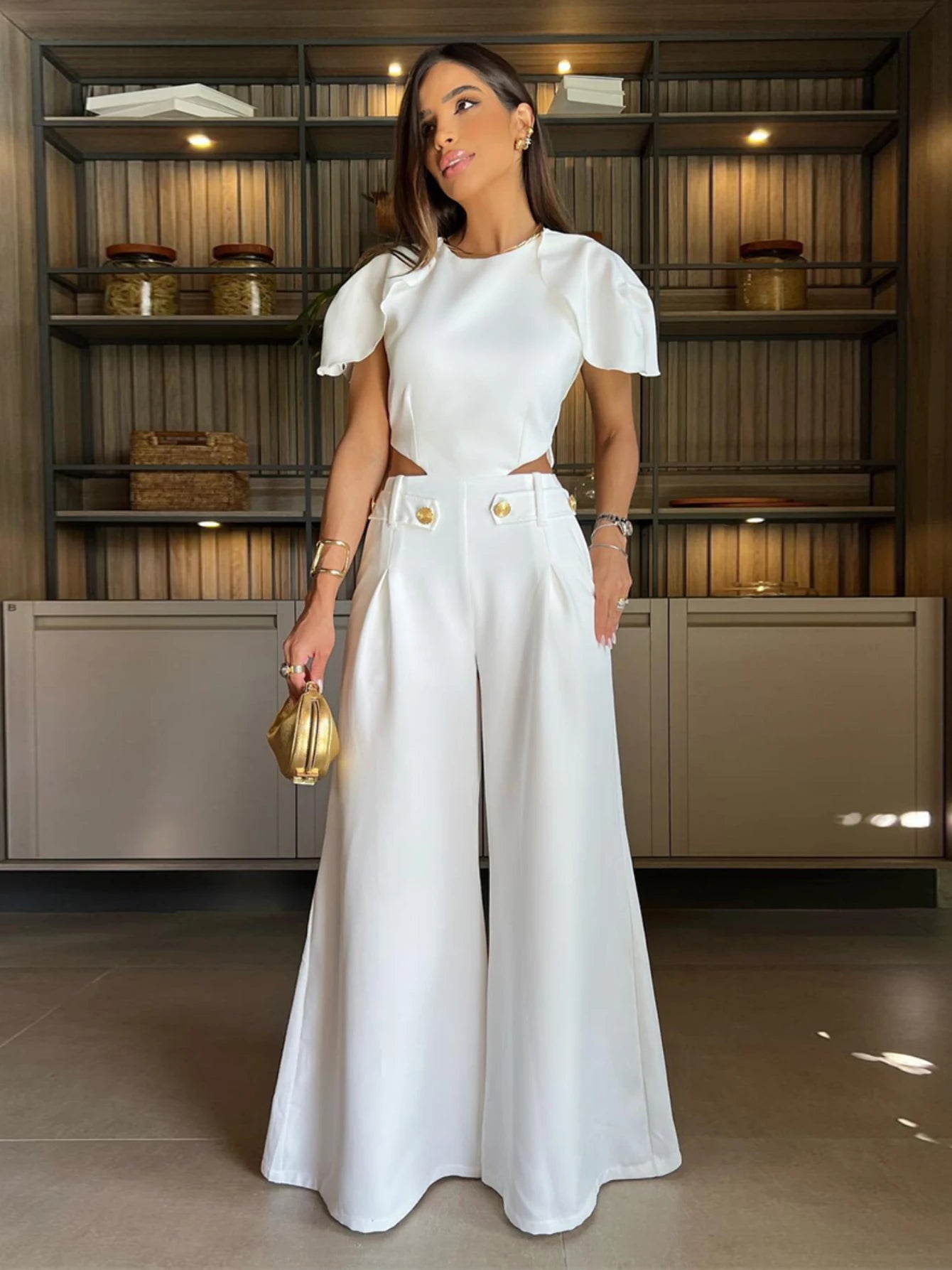 Sleeveless Ruffled Solid/Denim/Floral Hollow-Out Ring Design O-Neck Waist Wide Leg Jumpsuit