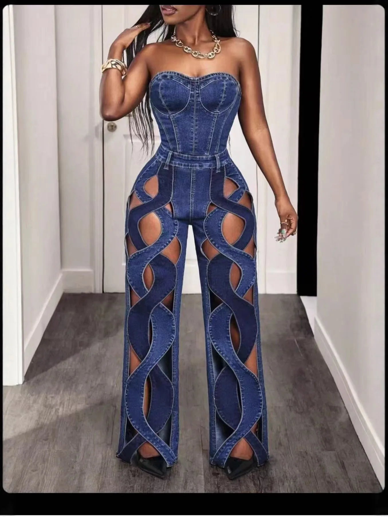 Sleeveless Washed Denim Criss-Cross Corset Tube Top Design Hollow-Out Streetwear Cut-Out Wide Leg Women's Tube Top Jean Jumpsuit