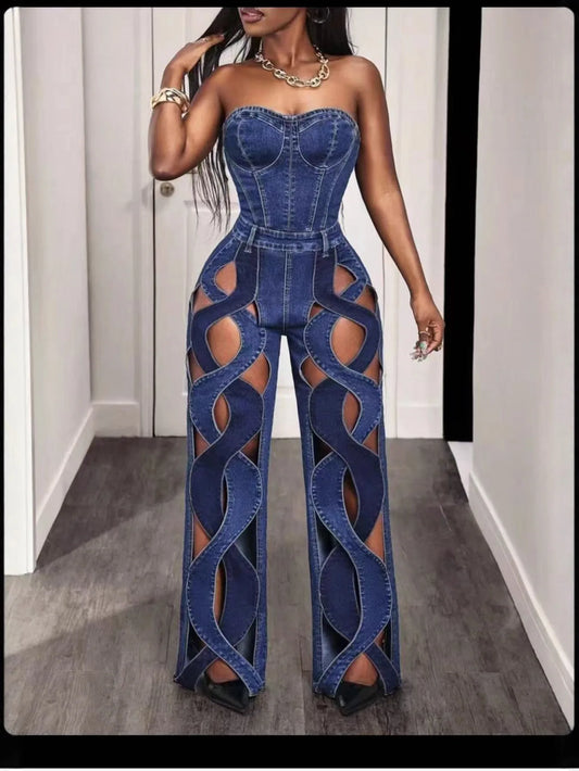 Sleeveless Washed Denim Criss-Cross Corset Tube Top Design Hollow-Out Streetwear Cut-Out Wide Leg Women's Tube Top Jean Jumpsuit