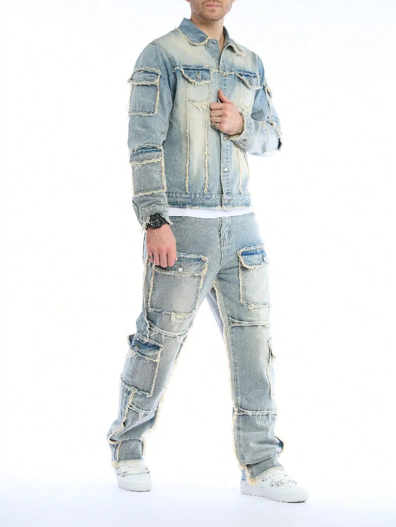 Men's Washed Denim Ripped Faded Light Blue Fringe Hem Multi-Pocketed Hip-Hop Cargo Jeans 2-Piece Set (Jean Jacket + Stacked Jeans)