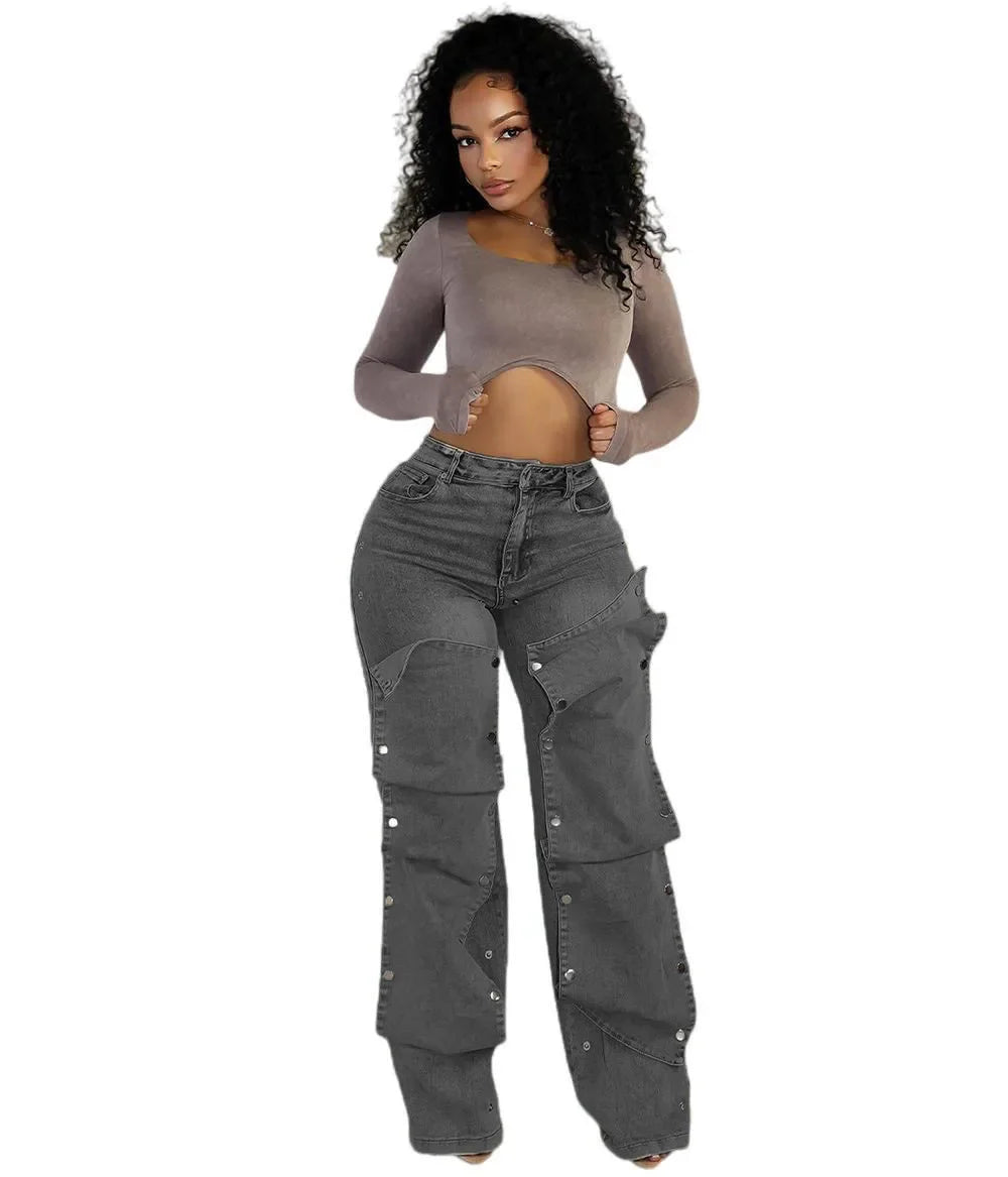 Denim Washed Faded Streetwear Multi-Pocket Button Design Women's Cut-Out Straight Wide Leg Cargo Jeans