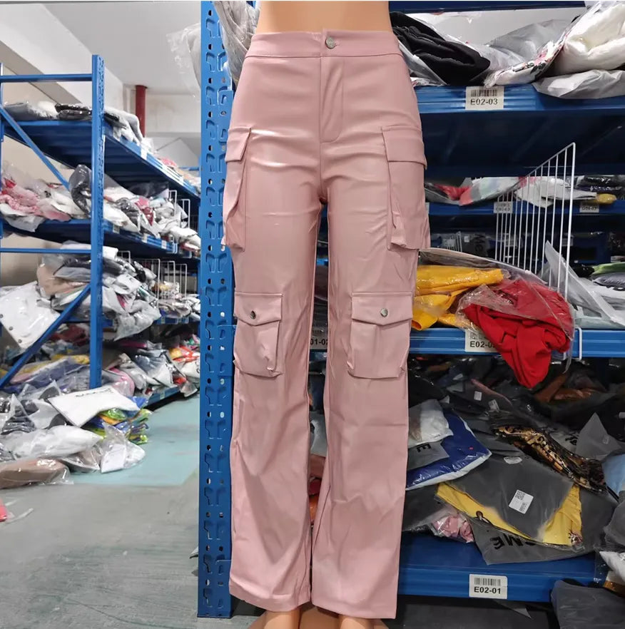 Pink PU Leather Ladies Cargo Pants