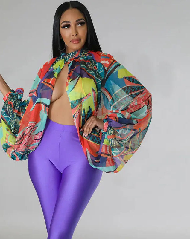 Chiffon Floral/Gradient Colorblock Sheer Front Slit Batwing Sleeve Women's Blouse