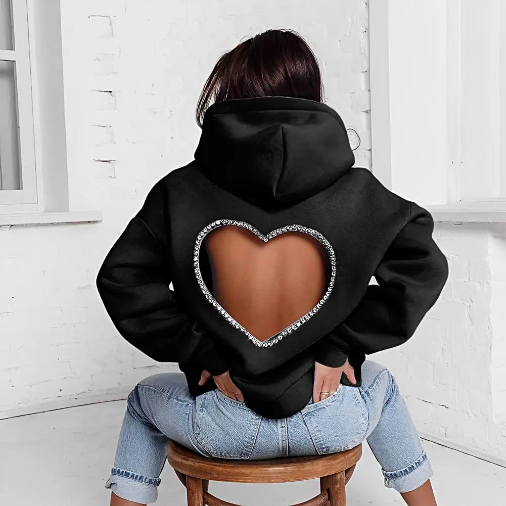 Heart Shape Ladies Backless Hollow-Out Rhinestone Pullover Solid Color Hoodie