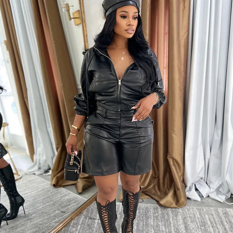 PU Leather Solid Color Long Sleeve Zipper Cropped Hoodie Jacket + Matching Shorts 2-Piece Set
